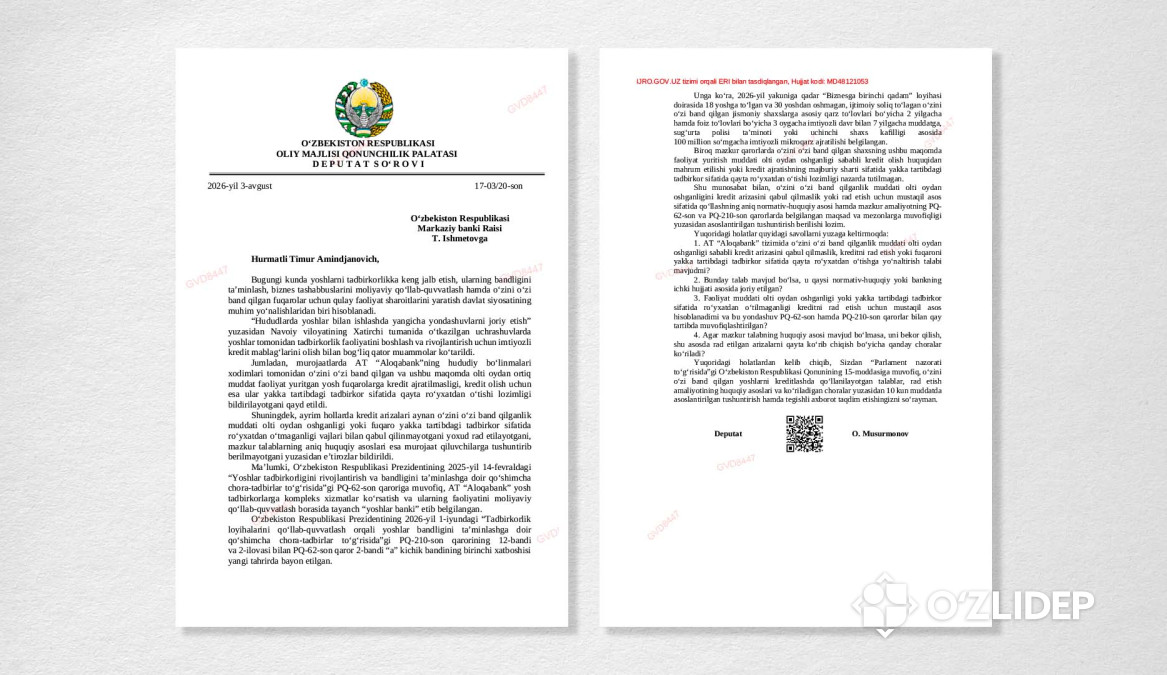 Yosh tadbirkorlarni qo‘llab-quvvatlash va imtiyozli kreditlardan foydalanishda yuzaga kelayotgan muammolar deputatlik nazoratiga olindi