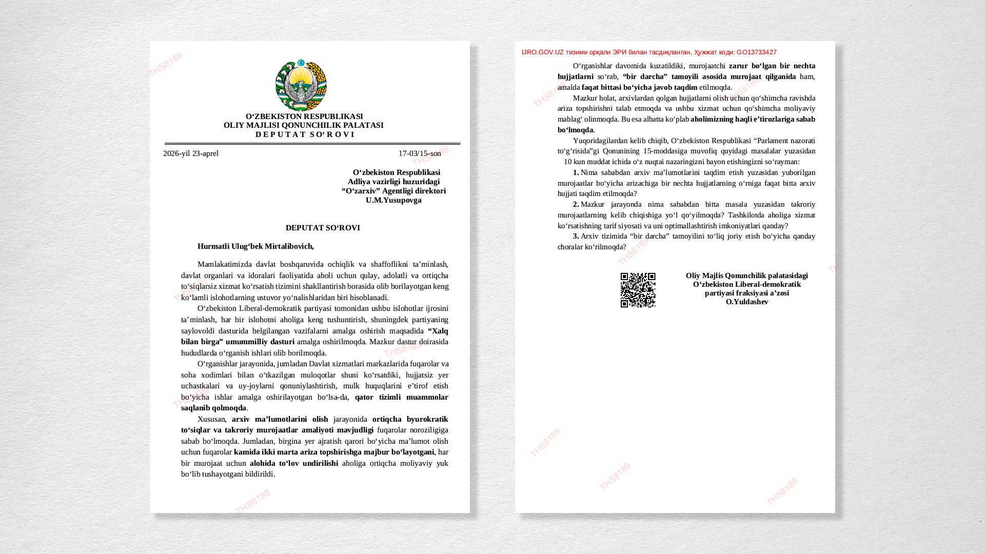 O‘zLiDeP deputati arxiv tizimidagi byurokratik to‘siqlarni ko‘tardi