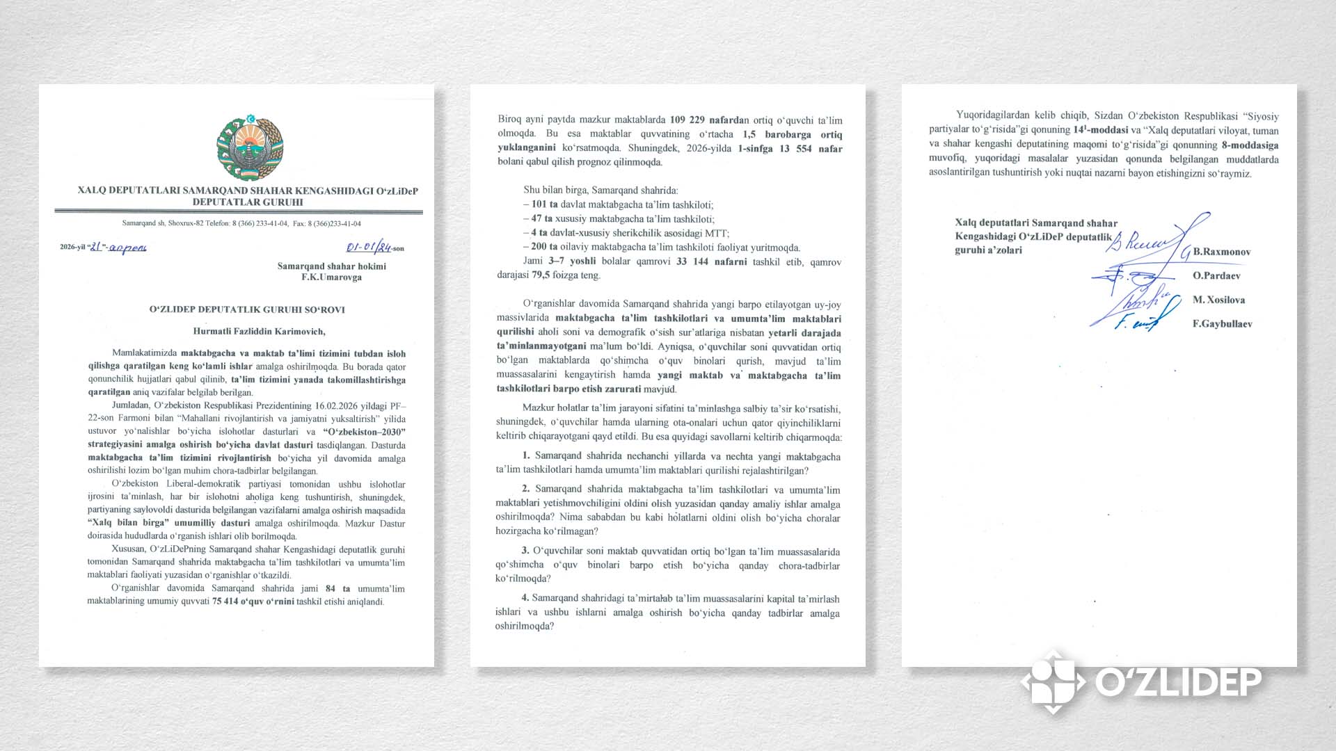 Deputatlik guruhi ta’lim tizimidagi kamchiliklar yuzasidan Samarqand shahar hokimiga so‘rov yubordi